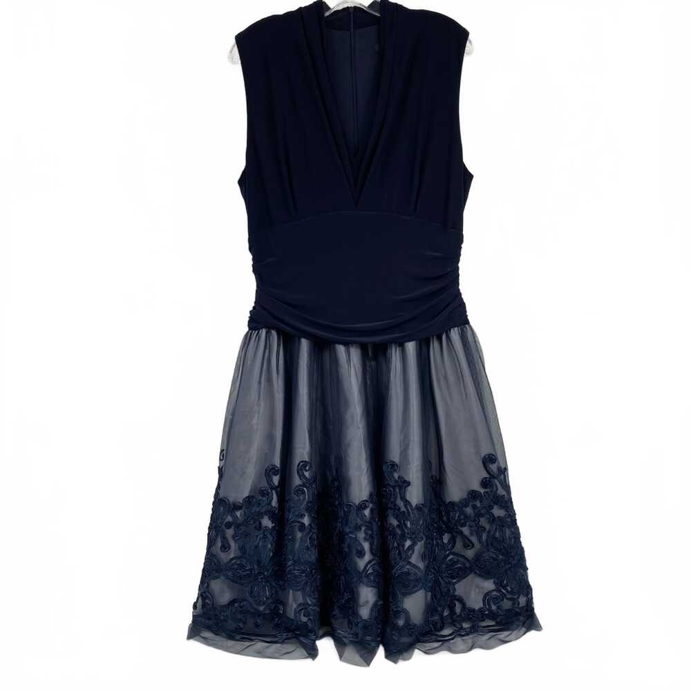 SLNY Navy Blue Embroidered Tulle Midi Dress | Plus Size 18